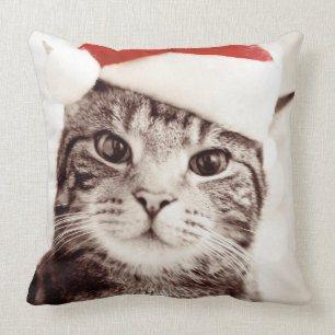 Domestic tabby cat wearing red Christmas hat Throw Pillow