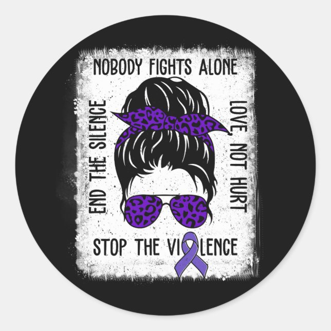 Domestic Violence Awareness Stop End Messy Bun Vio Classic Round Sticker (Front)