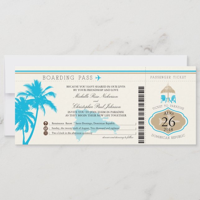 Dominican Republic Boarding Pass Palm Trees Invitation (Front)