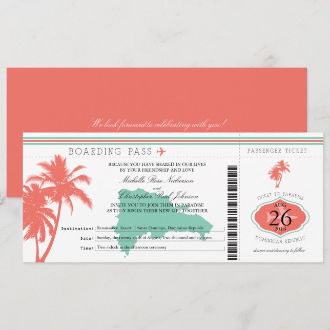Dominican Republic Boarding Pass Palm Trees Invitation (Front/Back)