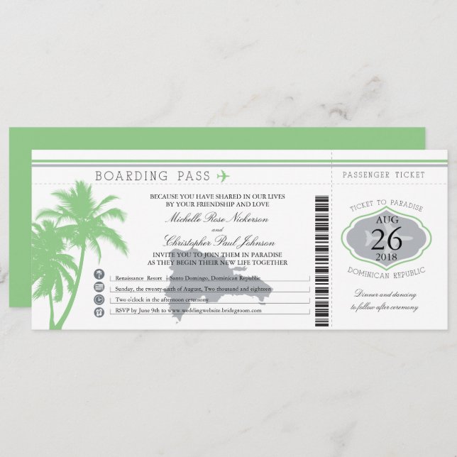 Dominican Republic Boarding Pass Palm Trees Invitation (Front/Back)