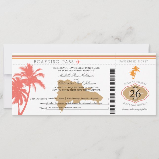 Dominican Republic Boarding Pass Palm Trees Invitation (Front)