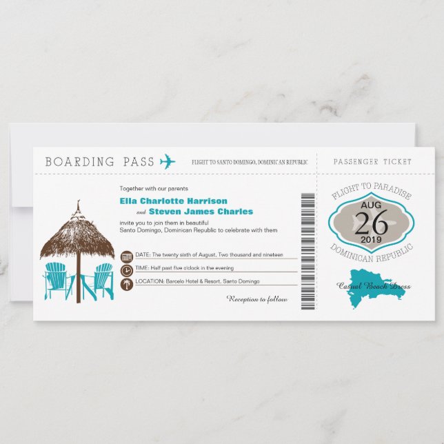Dominican Republic Boarding Pass Wedding Invitation (Front)