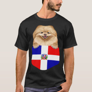 Dominican Republic Flag Pomeranian Dog In Pocket T-Shirt