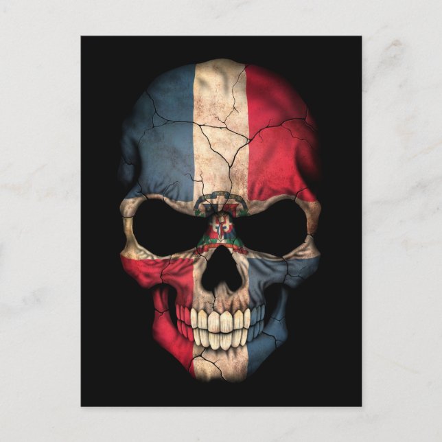 Dominican Republic Flag Skull on Black Postcard (Front)