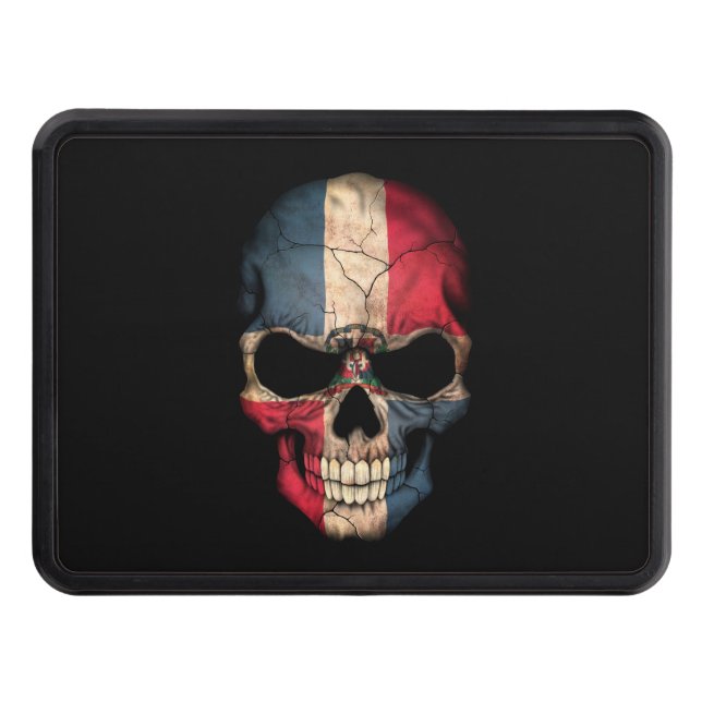 Dominican Republic Flag Skull on Black Trailer Hitch Cover (Front)