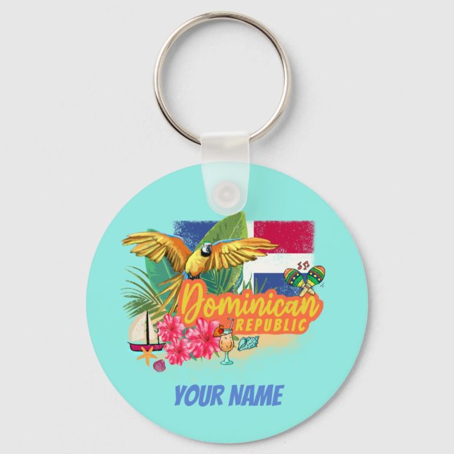 Dominican Republic Retro Caribbean Island Parrot Keychain (Front)