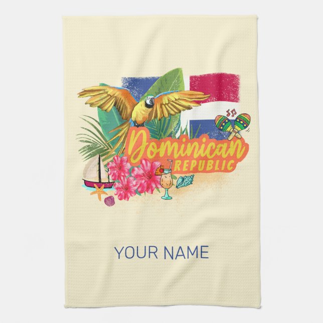Dominican Republic Retro Caribbean Island Parrot Kitchen Towel (Vertical)