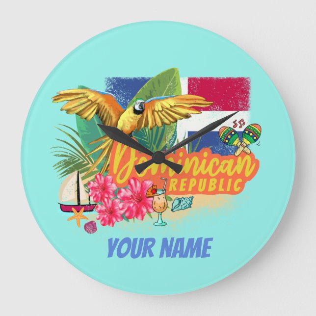 Dominican Republic Retro Caribbean Island Parrot Large Clock (Front)