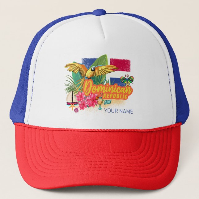 Dominican Republic Retro Caribbean Island Parrot Trucker Hat (Front)