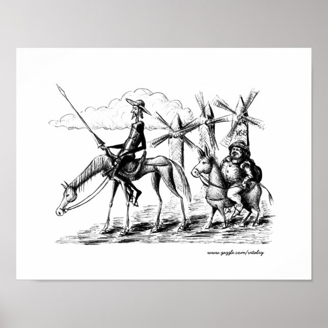 Don Quixote and Sancho Panza ink pen drawing art Poster (Front)