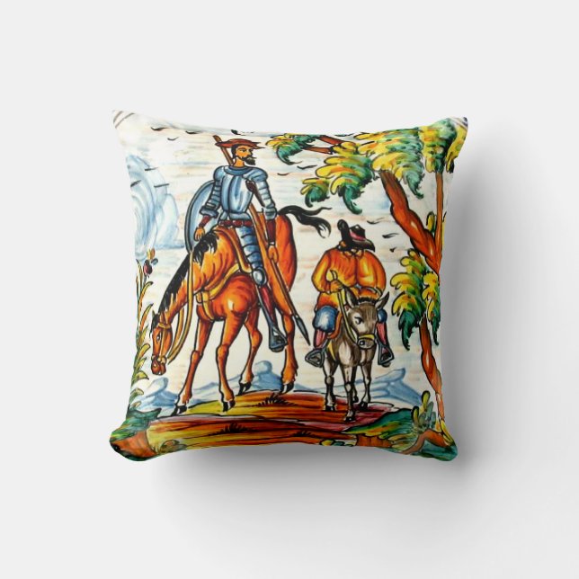 Don Quixote Cervantes Antique Majolica Pottery Art Throw Pillow (Front)