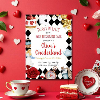 “Don’t Be Late” Alice in ONEderland First Birthday Invitation