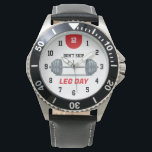 Don’t Skip Leg Day Barbell Watch<br><div class="desc">Bold and motivating watch design featuring a barbell loaded with weight plates on a clean white background and the powerful phrase “DON’T SKIP LEG DAY” in black lettering.</div>