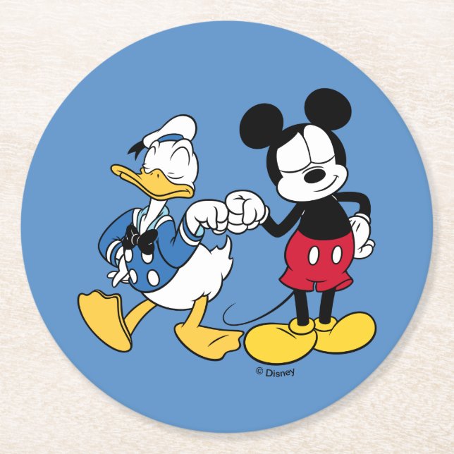 Donald Duck & Mickey Fist Bump Round Paper Coaster (Front)