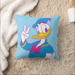 Donald Duck Peace Sign Throw Pillow<br><div class="desc">Brighten up your wardrobe with this electric and cheerful Donald Duck illustration! Featuring a classic full-body pose with a friendly peace sign, this design gets a stylish update with a vibrant, non-traditional color palette. The combination of bright cyan, magenta, and sunny yellow gives this artwork a fresh, "neon-pop" aesthetic that...</div>