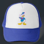 Donald Duck Peace Sign Trucker Hat<br><div class="desc">Brighten up your wardrobe with this electric and cheerful Donald Duck illustration! Featuring a classic full-body pose with a friendly peace sign, this design gets a stylish update with a vibrant, non-traditional color palette. The combination of bright cyan, magenta, and sunny yellow gives this artwork a fresh, "neon-pop" aesthetic that...</div>