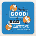 Donald Duck Pretty Good at Bad Decisions Square Paper Coaster<br><div class="desc">Embrace your inner troublemaker with this witty and high-energy statement design! Featuring a mix of bold, modern typography and three expressive Donald Duck character cameos, this graphic perfectly captures the chaotic charm of a beloved icon. With the hilarious statement "Pretty Good at Bad Decisions, " it’s a brilliant nod to...</div>