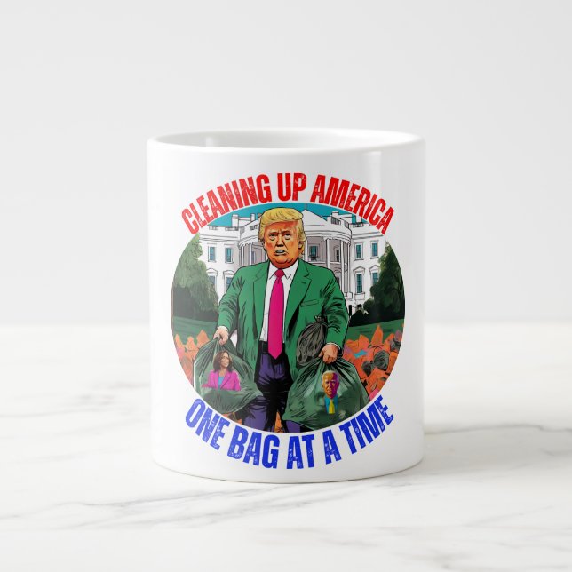 DONALD TRUMP-CLEANING UP AMERICA ONE BAG AT A TIME LARGE COFFEE MUG (Front)