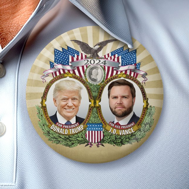 Donald Trump JD Vance President Vice Photo GOLD 3 Inch Round Button (Campaign Button)