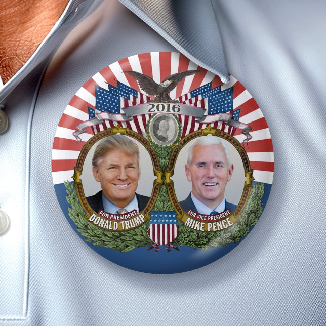 Donald Trump & Mike Pence Jugate Photo Red Blue 3 Inch Round Button (Collectible Campaign Button - 2016 Election Trump Pence)