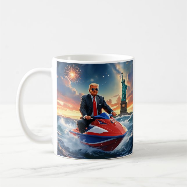 Donald Trump on Jetski Statue of Liberty Fireworks Coffee Mug (Left)