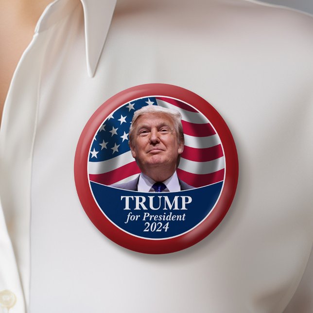 Donald Trump Photo with American Flag red border 6 Inch Round Button (Trump 2024 Button)
