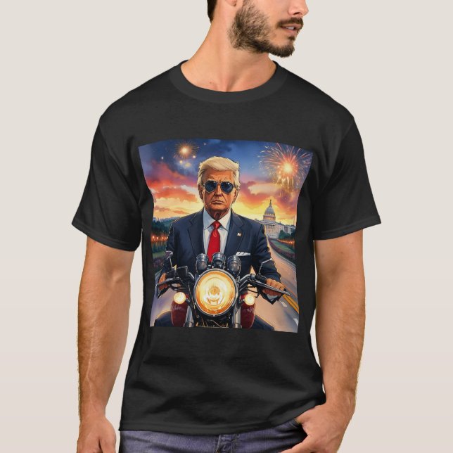 Donald Trump Riding Motorcycle US Capitol Firework T-Shirt (Front)
