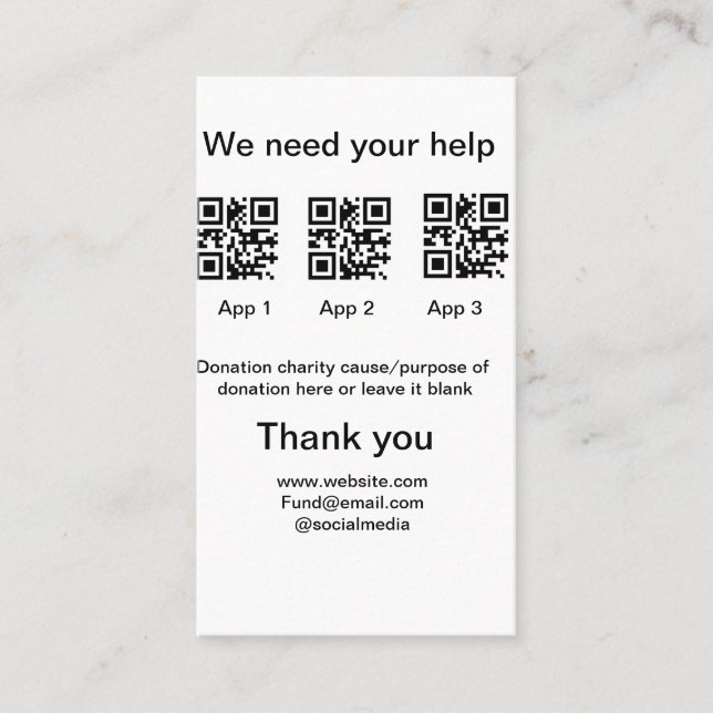 Donation Collection tip jar add your q r name caus Business Card (Front)