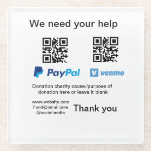 Donation Collection tip jar add your q r name caus Glass Coaster