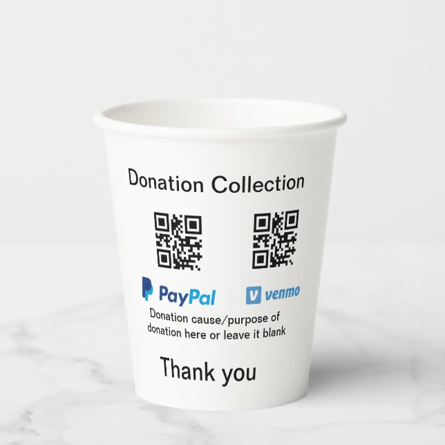 Donation Collection tip jar add your q r name caus Paper Cups (Front)