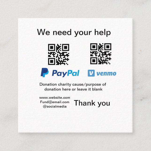 Donation Collection tip jar add your q r name caus Square Business Card (Front)