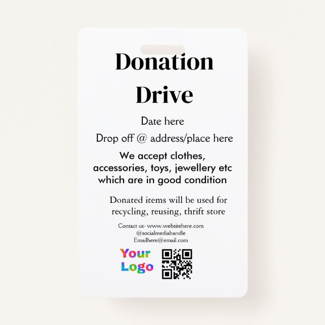 Donation drive add address date business name logo badge (Front)