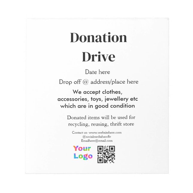 Donation drive add address date business name logo notepad (Front)