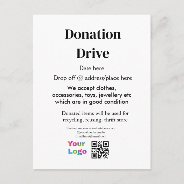 Donation drive add address date business name logo postcard (Front)