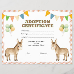 Donkey adopt a pet certificate editable flyer