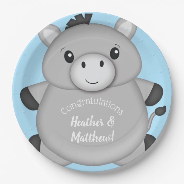 Donkey Baby Shower Blue Paper Plate (Front)