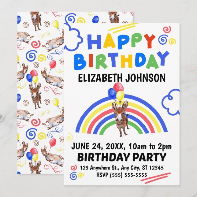 Donkey Birthday Invitation White (Front/Back)