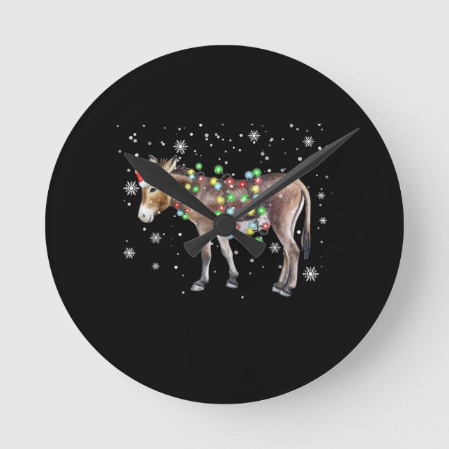 Donkey Christmas Lights Colour  | Santa Donkey Gif Round Clock (Front)
