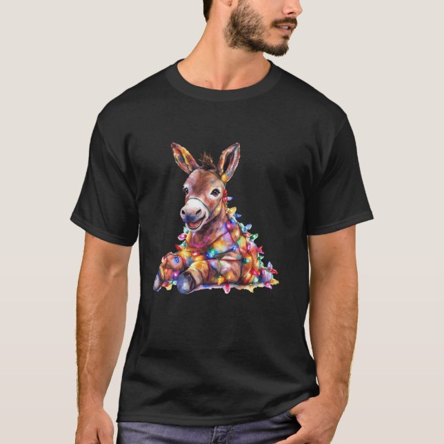 Donkey Christmas Lights Funny Santa Hat Merry Xmas T-Shirt (Front)