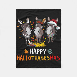 Donkey Happy Hallothanksmas Halloween Thanksgiving Fleece Blanket