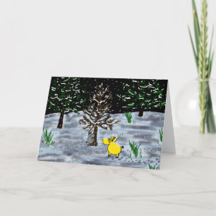 donkey hugging tree in snow holiday card