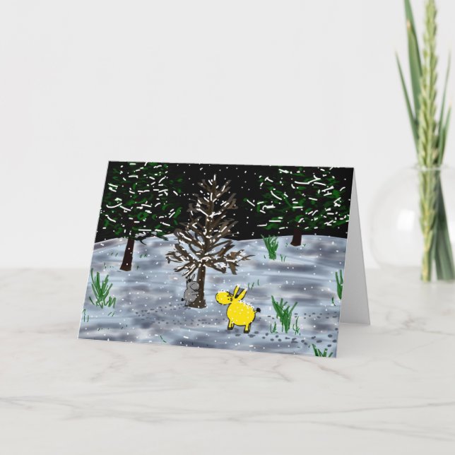 donkey hugging tree in snow holiday card (Front)