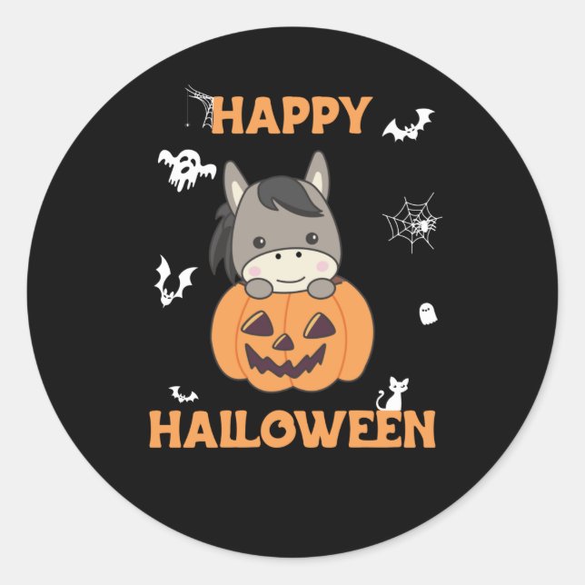 Donkey In Pumpkin Sweet Donkey Happy Halloween Classic Round Sticker (Front)