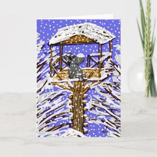 donkey in treehouse in snow holiday card
