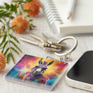 Donkey Pink Glasses, Rainbow Hair Keychain