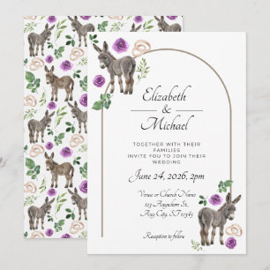 Donkey Purple Floral Rustic Wedding Invitation