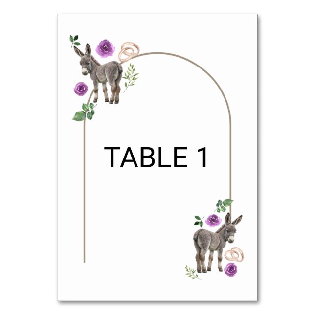 Donkey Purple Floral Rustic Wedding  Table Number (Front)