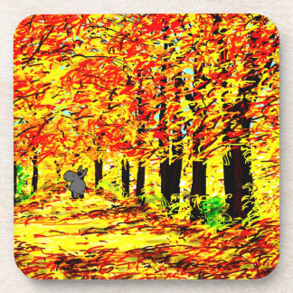 donkey walking through autumn leaves coaster