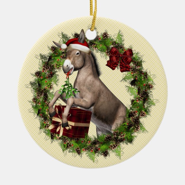 Donkey Wearing Santa Hat in Wreath Round Ornament (Front)